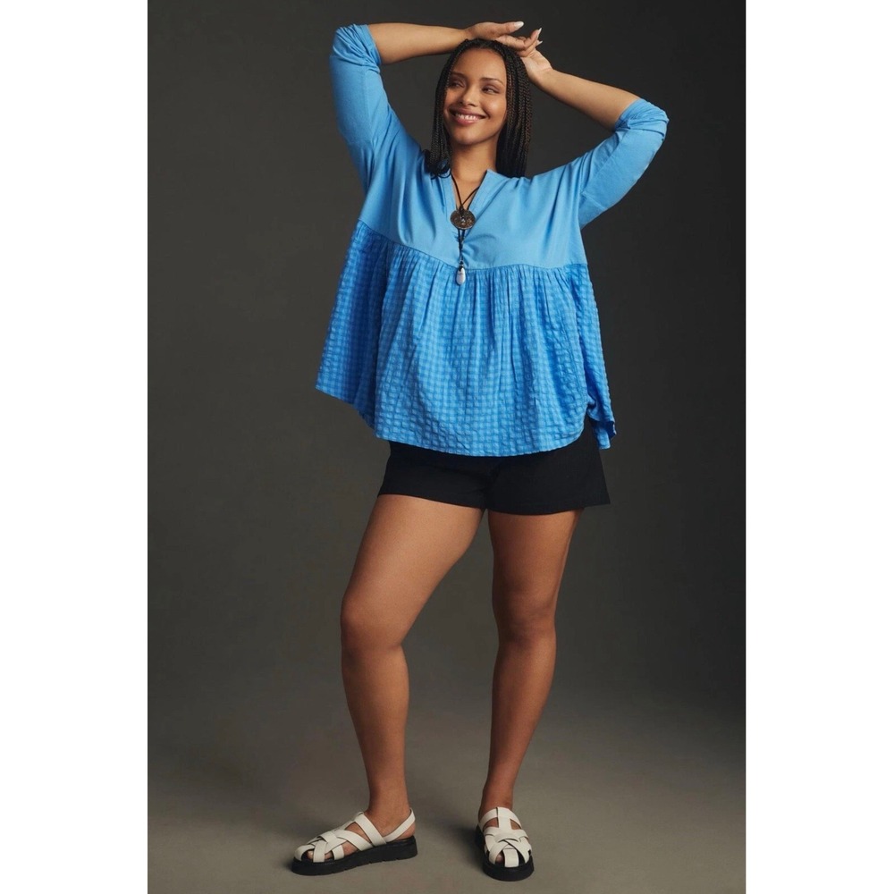 PILCRO Anthropologie Blue Gingham Mixed Media Babydoll Tunic Top Large NEW Boho